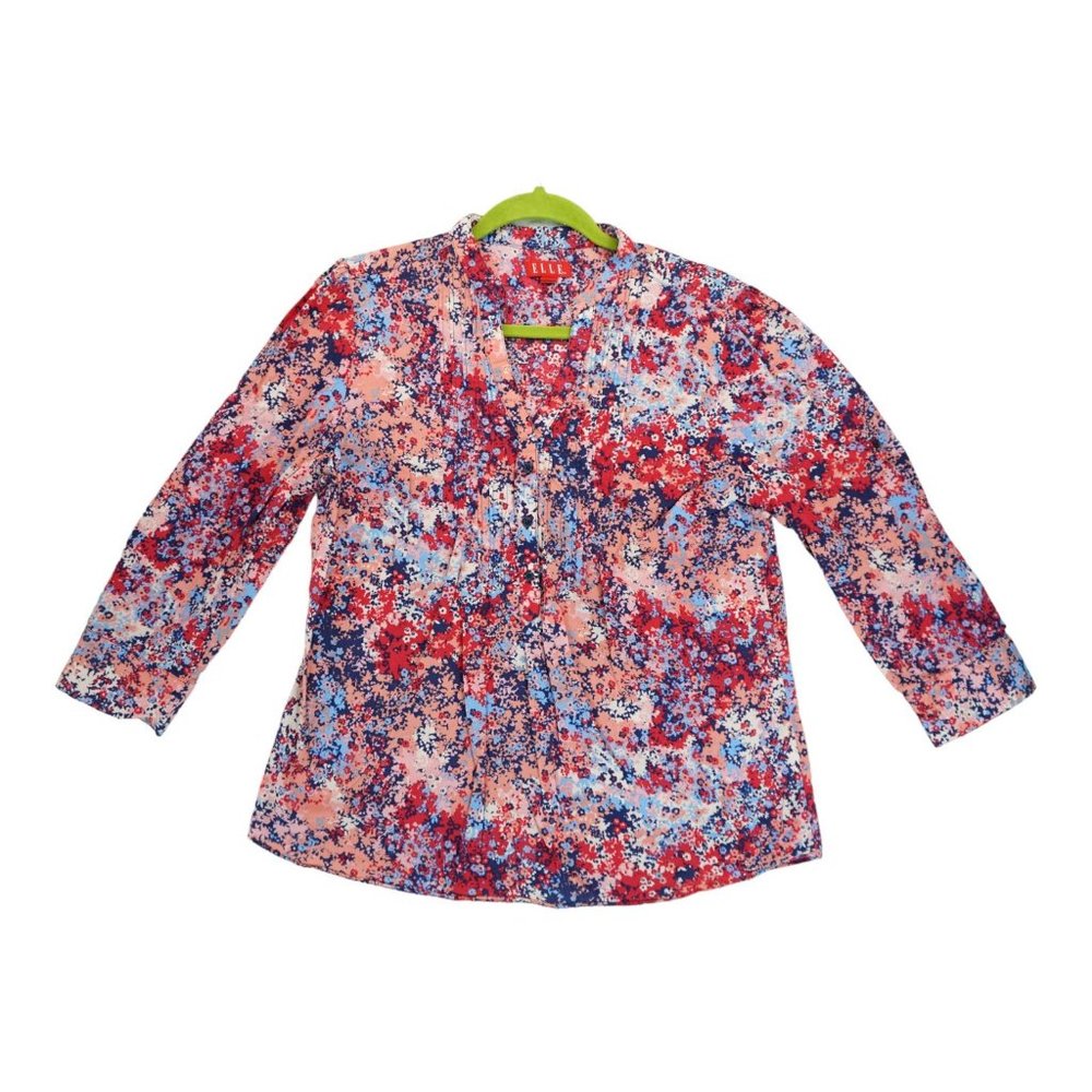 ELLE Top Shirt Womens Medium Pink Floral Casual Coastal Grandma Cottagecore